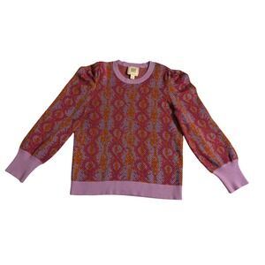 Emily McCarthy Pink Orange Geometric Diamond Puff Shoulder Knit Sweater Womens L